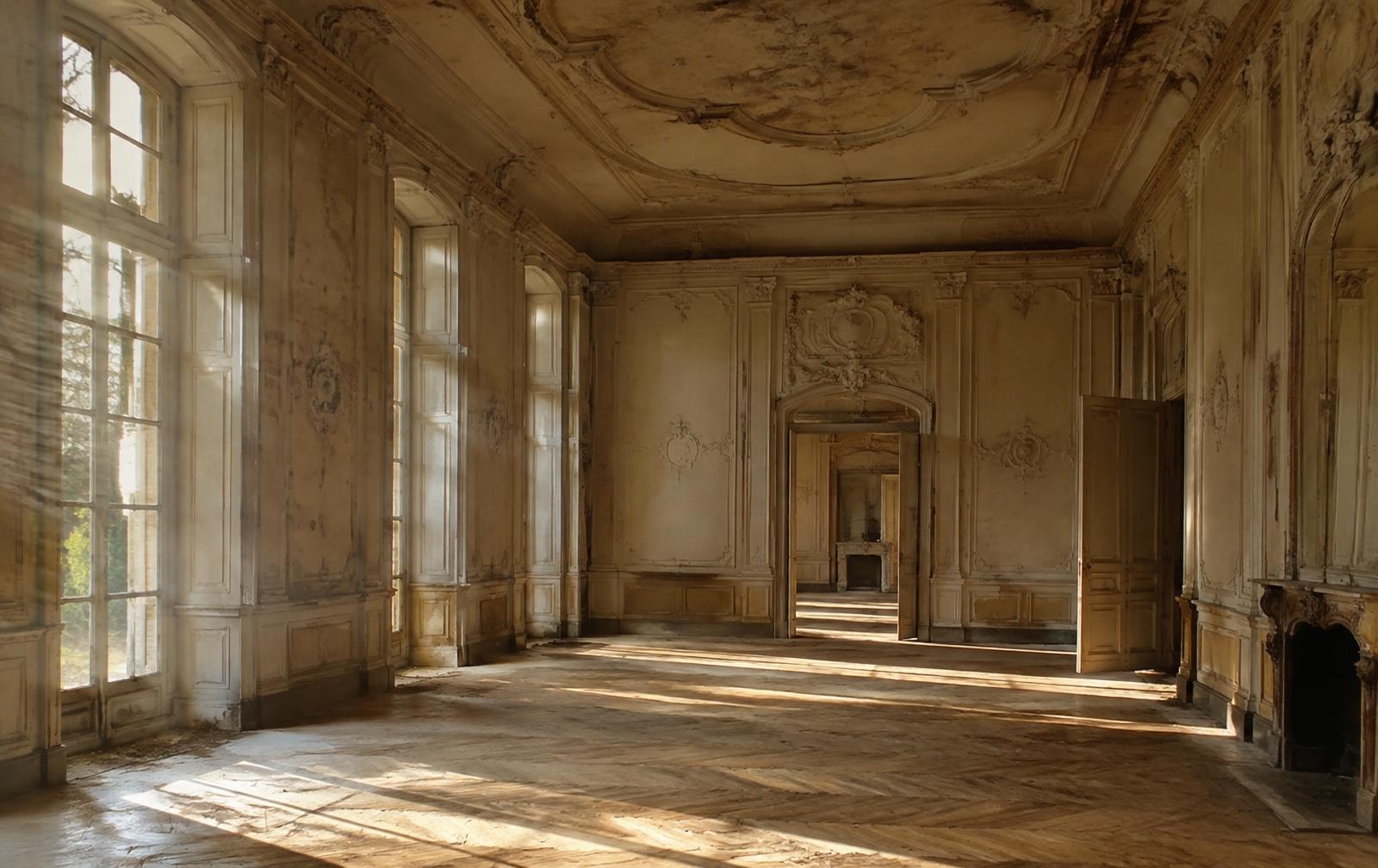 Grand salon d'un château abandonné baigné de lumière